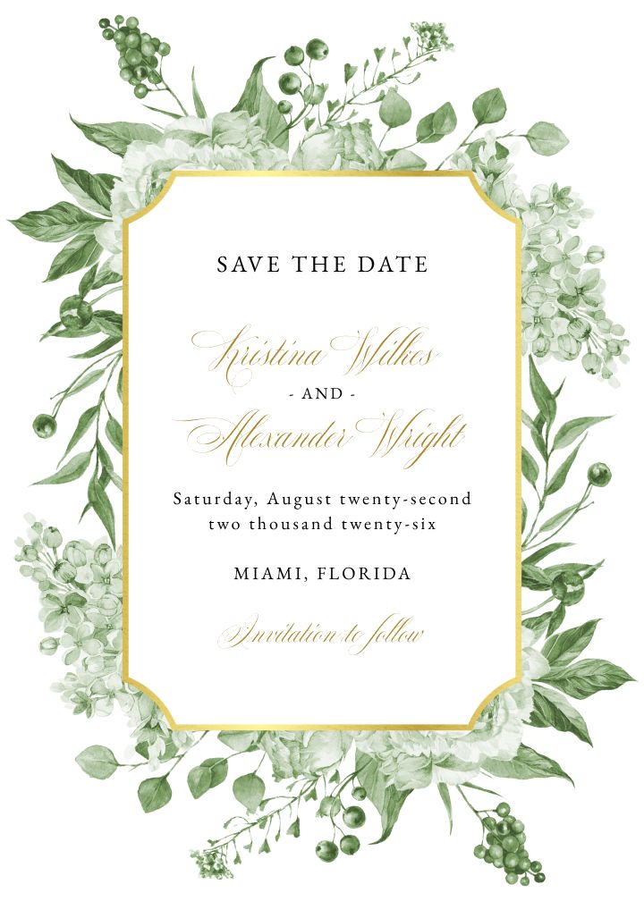 Vintage Porcelain Foil wedding invitation with a leafy green wreath and gold foil frame