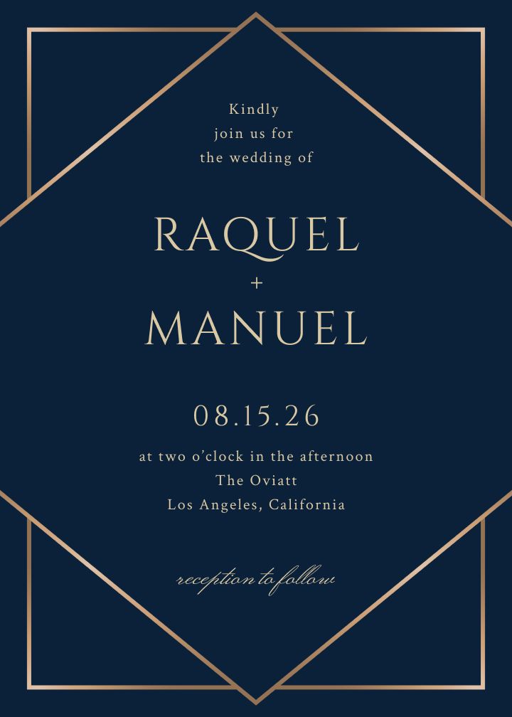 Formal Deco wedding invitation with a metallic diamond frame on a deep navy background