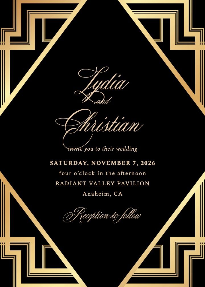 Soiree Gold wedding invitation with a black card, gold script, and a stepped geometric gold frame