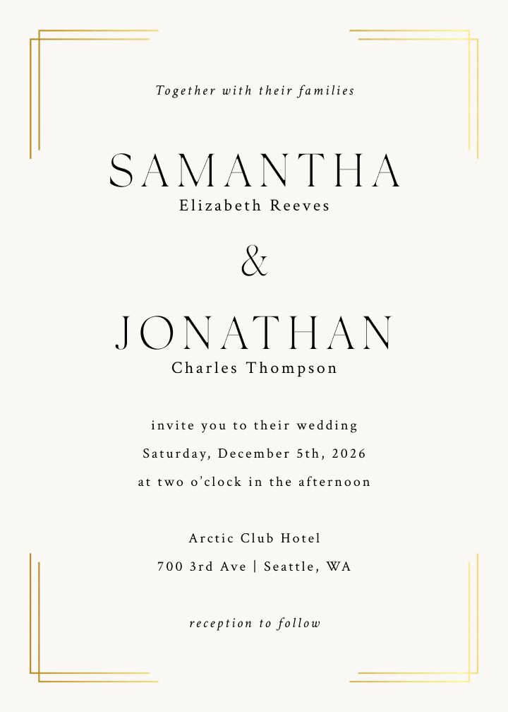 Interlocked Foil wedding invitation with interlocking gold corner frames on cream