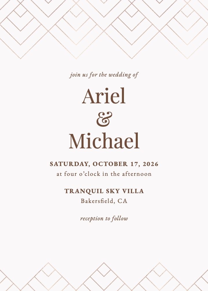 Deco Moderne wedding invitation with a rose gold stepped diamond border on a blush cream background