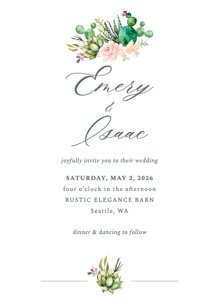 Cactus Rose wedding invitation with cactus and rose artwork in green and white