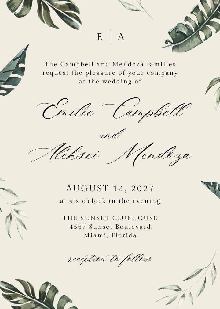 Tropical Botanical Monogram wedding invitation