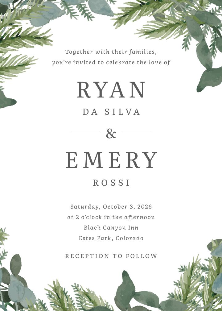 Alpine Wreath wedding invitation with a green wreath frame on a white background