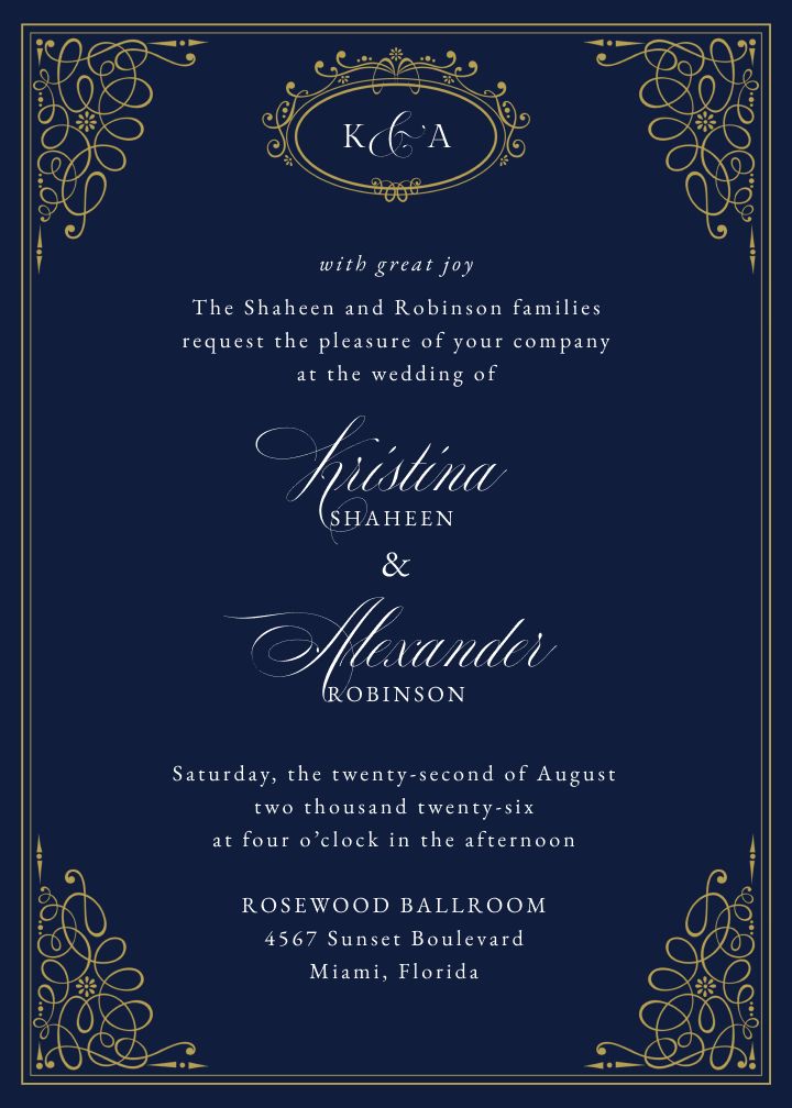 Queens Palace wedding invitation with ornate gold filigree framing on a deep navy background