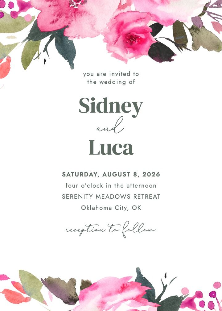 Fuchsia Forever wedding invitation with bright fuchsia watercolor florals