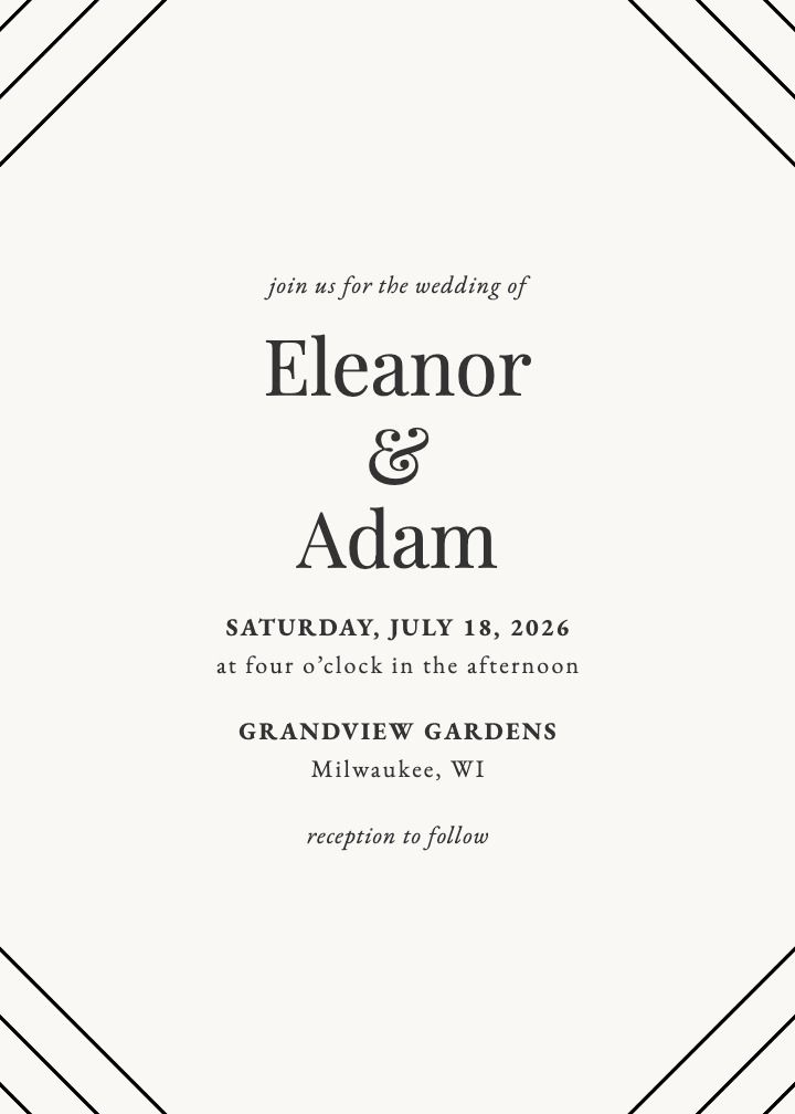 Chic Corners Black wedding invitation with sharp black diagonal corner lines on a cream card