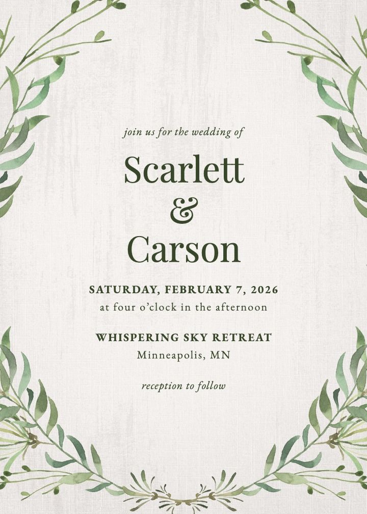 Natural Greenery wedding invitation with textured cream and green foliage