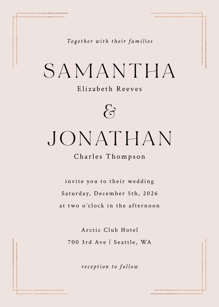 Interlocked Rose wedding invitation by Joy, rose gold geometric rings on a soft neutral ground