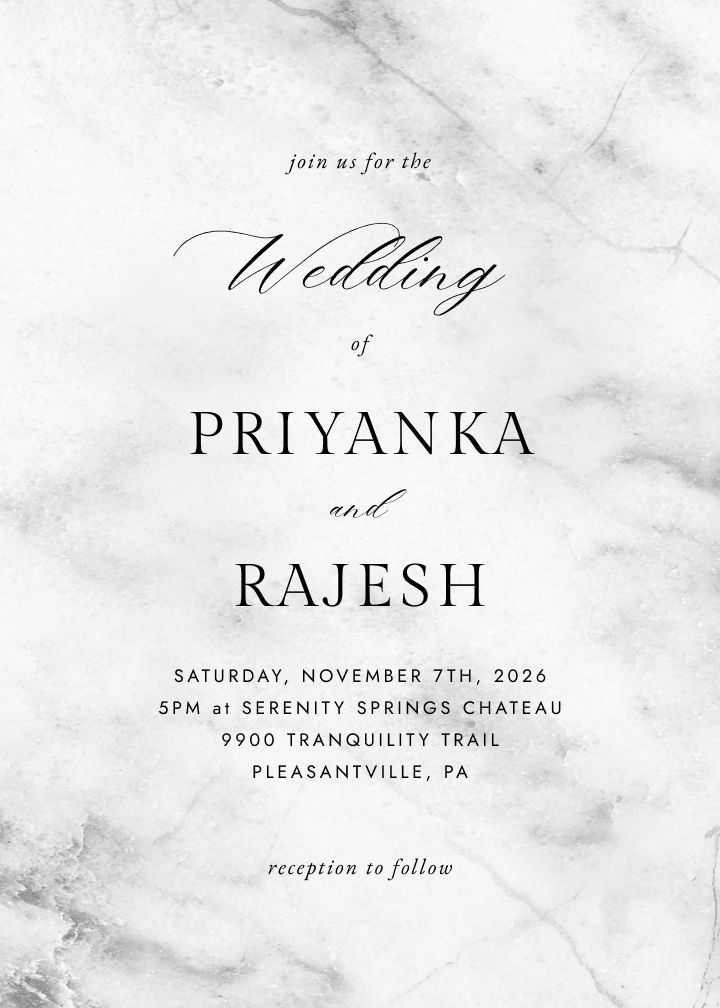 Classic Marble wedding invitation by Joy, black and white marble texture with formal serif type