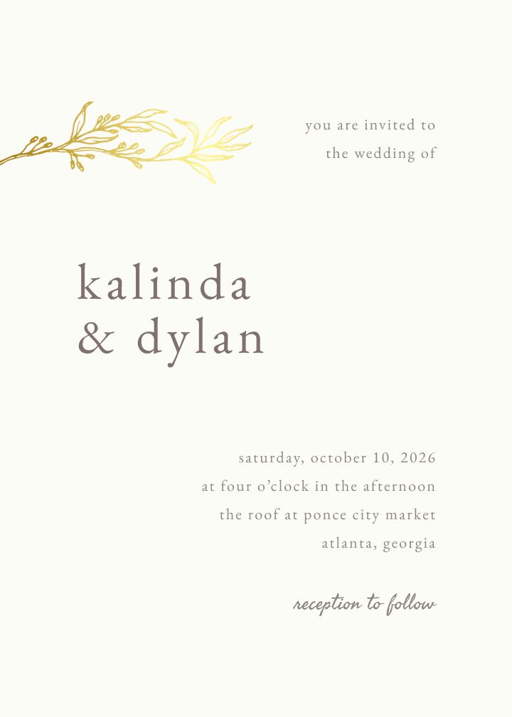 Rustic Chic V Foil wedding invitation with a gold botanical sprig on cream