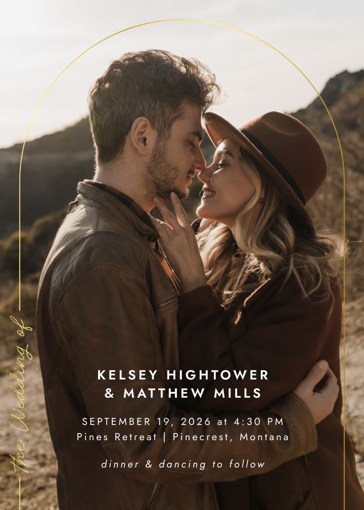 Arch II Foil wedding invitation with a gold foil arch framing a couple photo