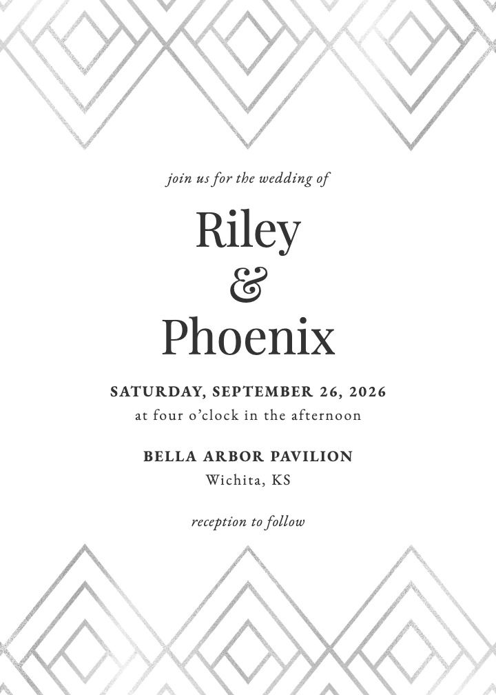 Silver Gatsby wedding invitation with a silver diamond chevron border