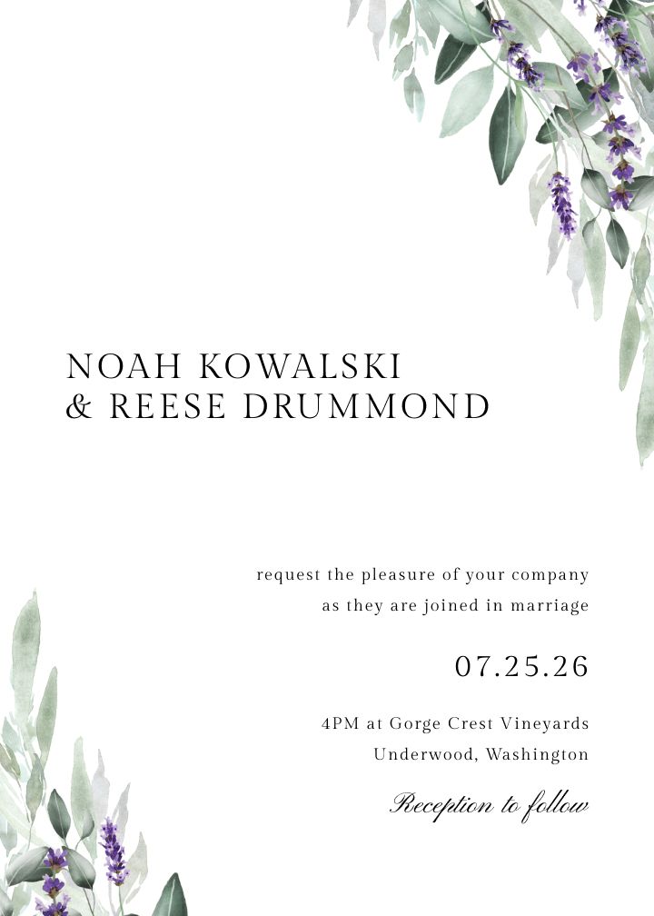 Lavender Leaves wedding invitation