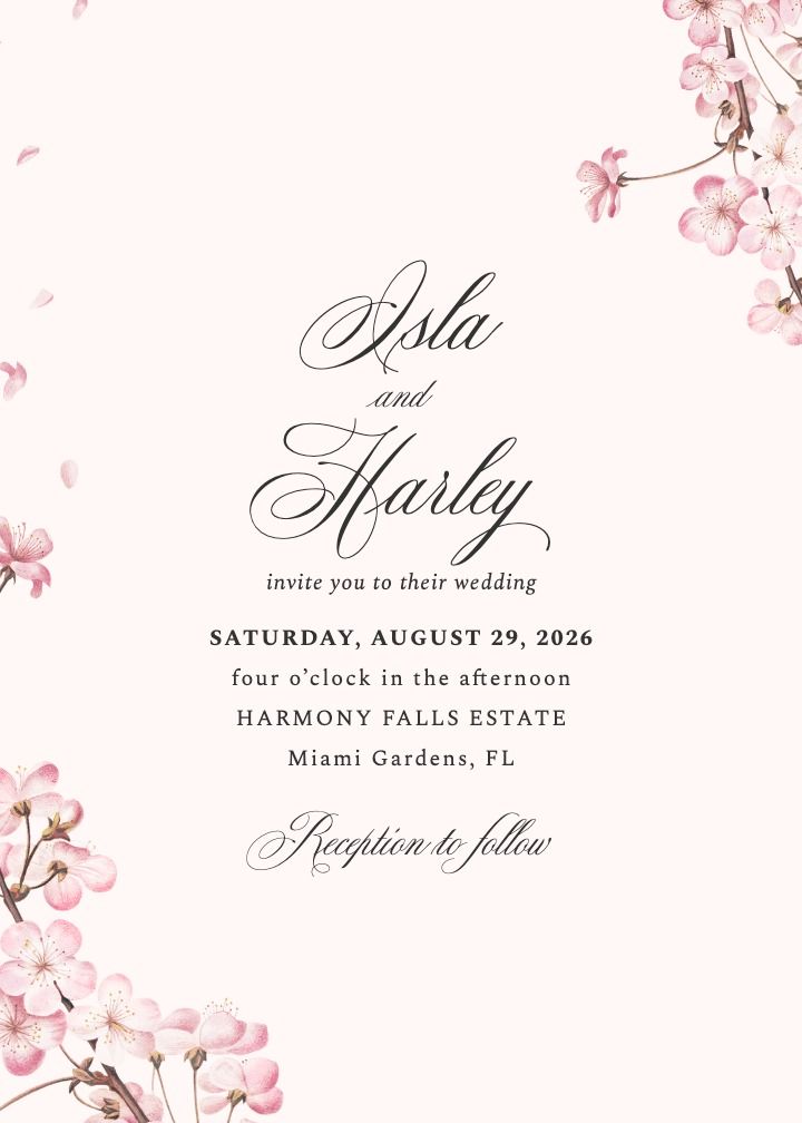 Sakura watercolor wedding invitation with pink cherry blossom branches