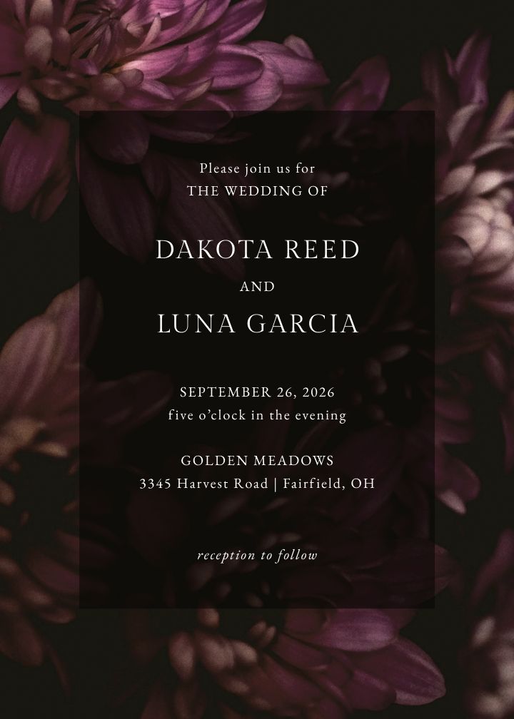 Chrysanthemum wedding invitation with dark botanical artwork in black and purple