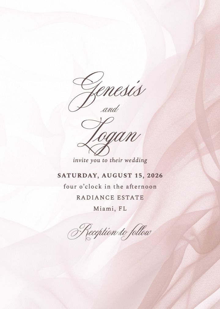Chiffon wedding invitation by Joy, airy white and pink design with soft romantic styling