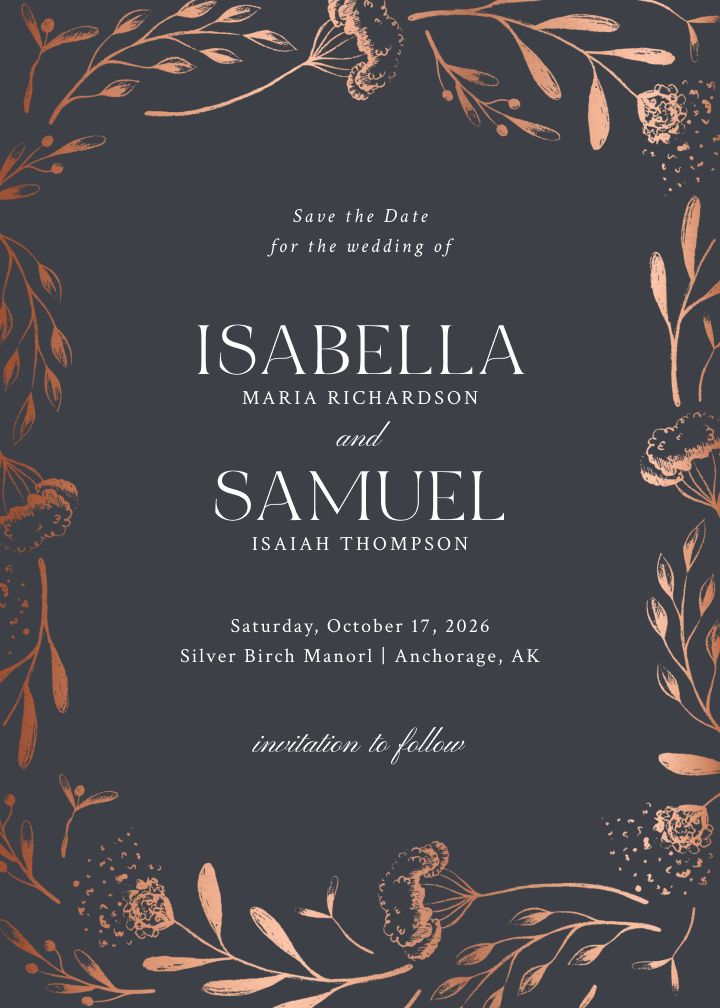 Harvest Wreath Foil wedding invitation with copper-toned wreath on a dark background