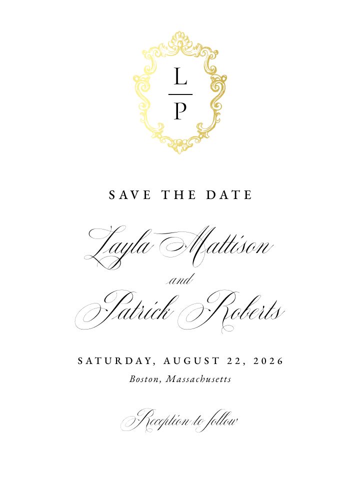 Classical Crest Foil wedding invitation with a gold foil monogram crest