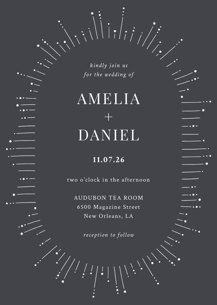 Deco Sunburst Silver wedding invitation with radiating silver sunburst rays on a charcoal background