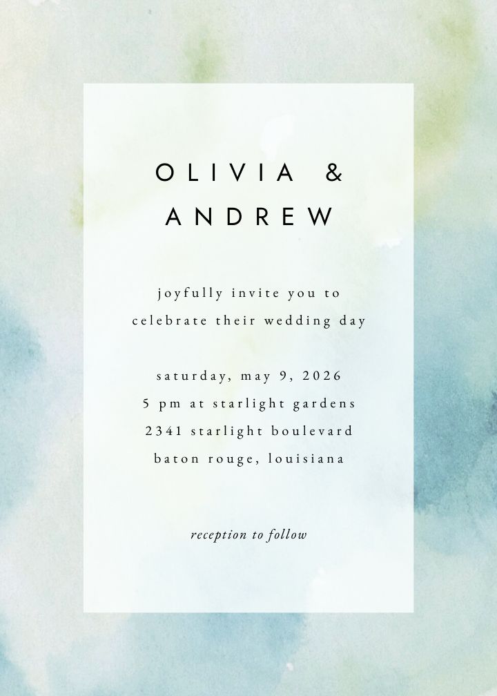 Dream Wash watercolor wedding invitation with sage and blue abstract wash