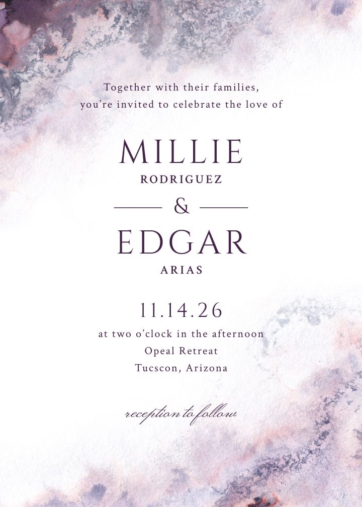 Lavender Blush watercolor wedding invitation with moody lavender and charcoal wash