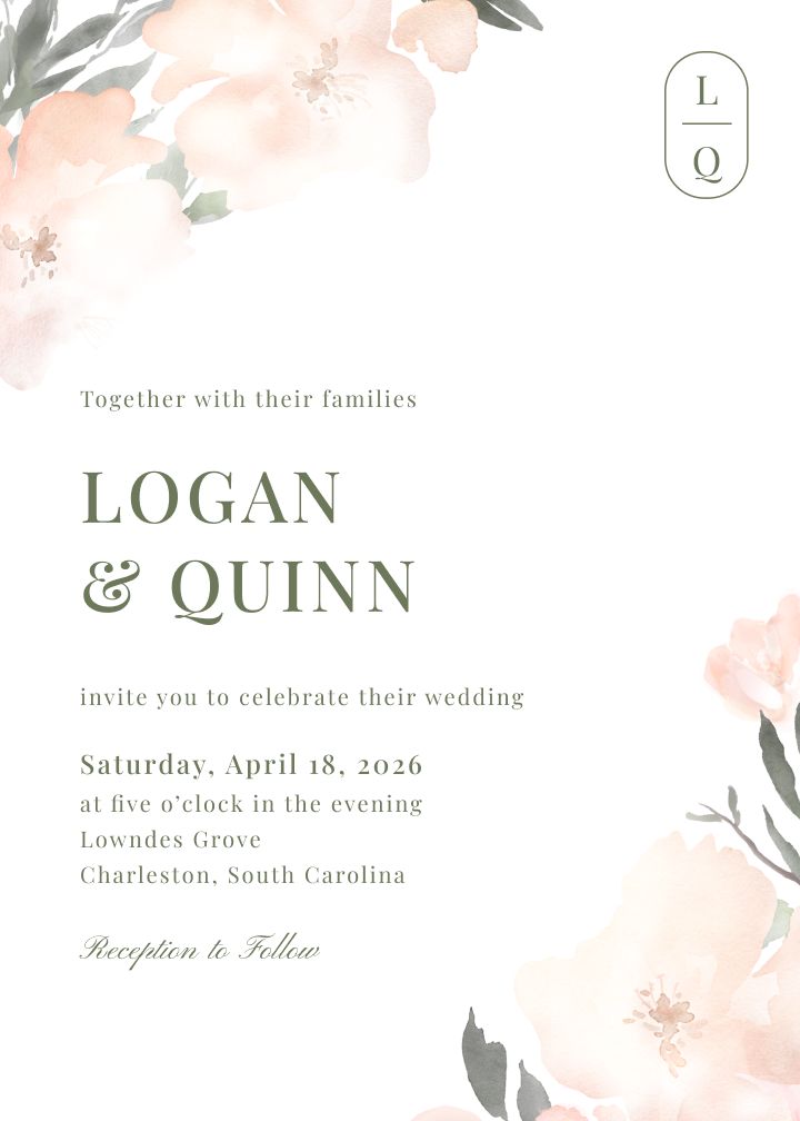 Ivory Garden watercolor wedding invitation with peach floral corners
