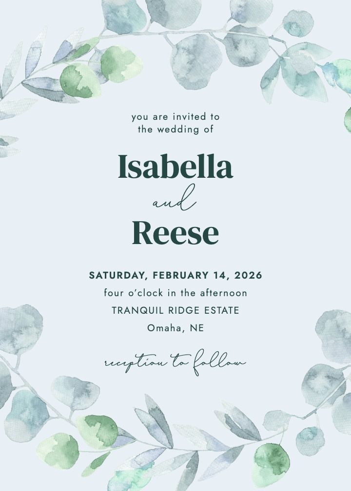 Eucalyptus Wreath wedding invitation with a painted eucalyptus wreath frame