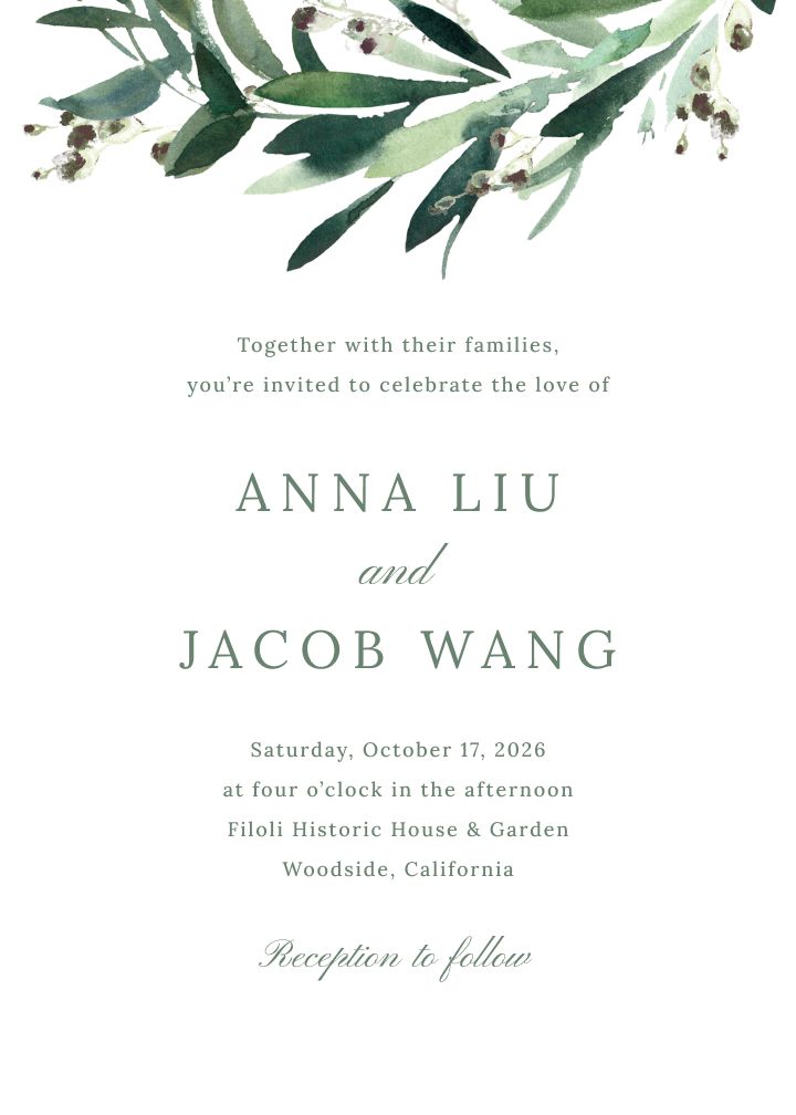 Love & Leaves wedding invitation with watercolor leaves in green and white