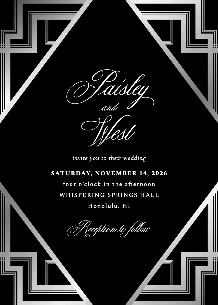 Soiree Silver wedding invitation with a black card and silver stepped geometric frame