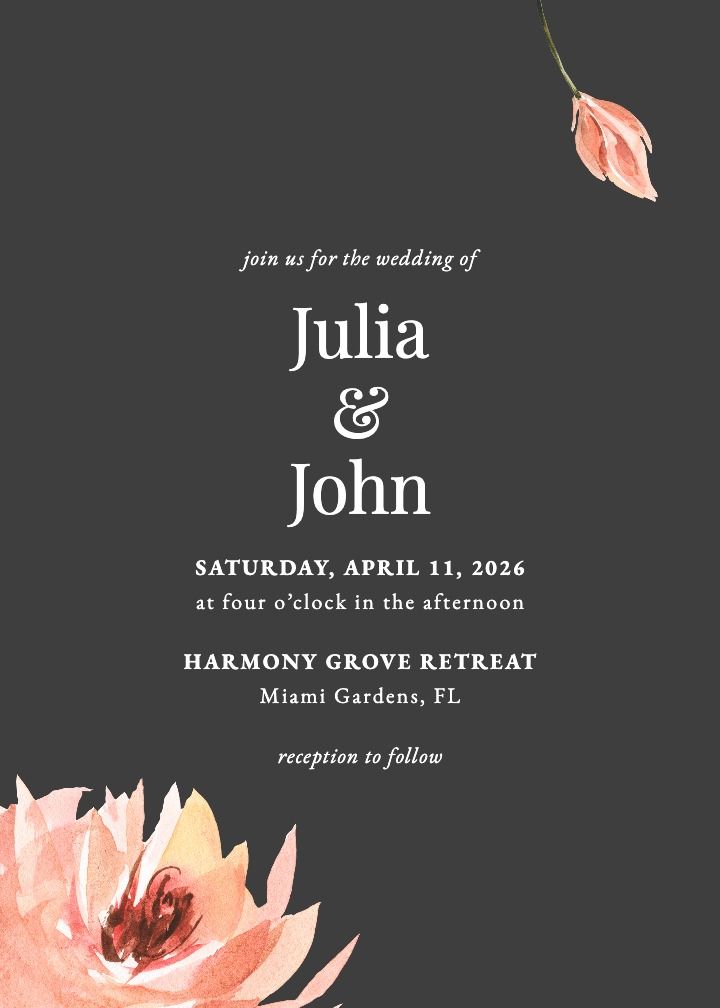 Tropical Blossom wedding invitation with watercolor tropical flowers and leaves