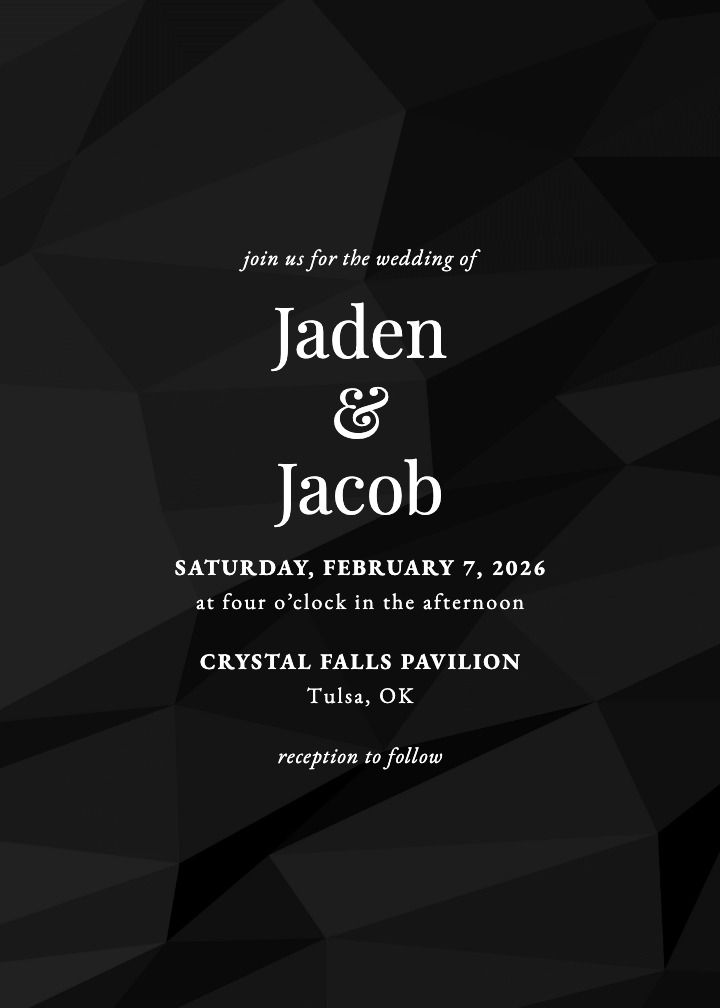 Endless Time wedding invitation with a faceted charcoal-black geometric background