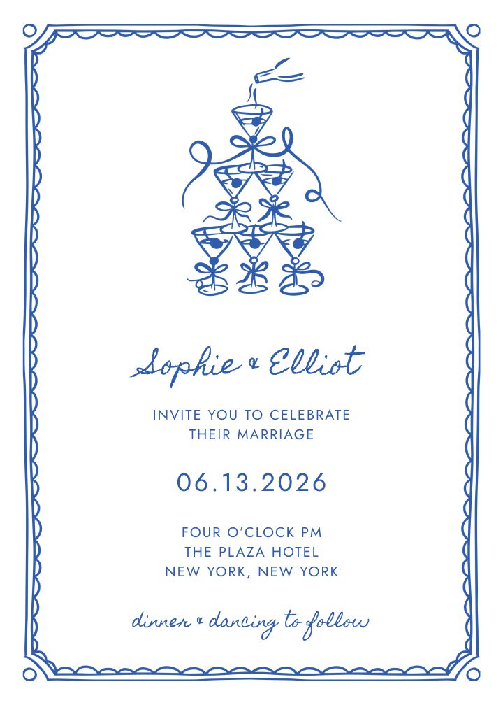 Gala wedding invitation with an illustrated champagne tower and ornamental border