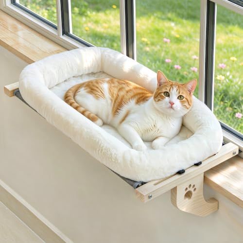 AMOSIJOY Wooden Cat Windowsill Perch with Zipper Cushion Bed, 27.5in | Sturdy Wood & Metal Frame Hold up to 40lbs, Machine Washable, Easy to Adjust, Hook-on Mounting Cat Hammock Seat for Large Cat