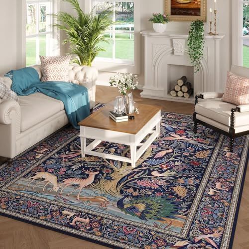 Rugcomf Area Rug 5x7 for Living Room Washable Tree of Life-Patterned, Blue