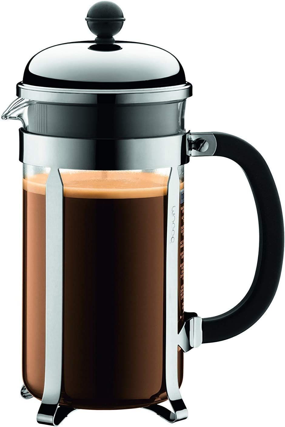 Bodum Chambord French Press Coffee Maker with stainless steel frame and black handle and knob
