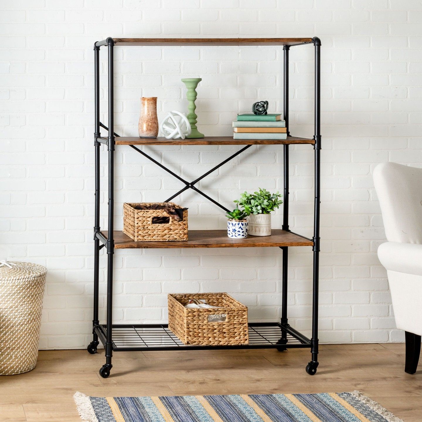 Honey-Can-Do 4-Tier Industrial Rolling Bookshelf with Wheels