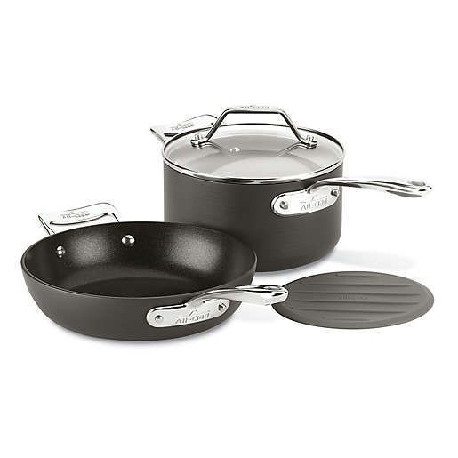 All-Clad Essentials Nonstick 3.5-Quart Hard-Anodized 3-Piece Small Fry and Saucepan Set with  helper handle