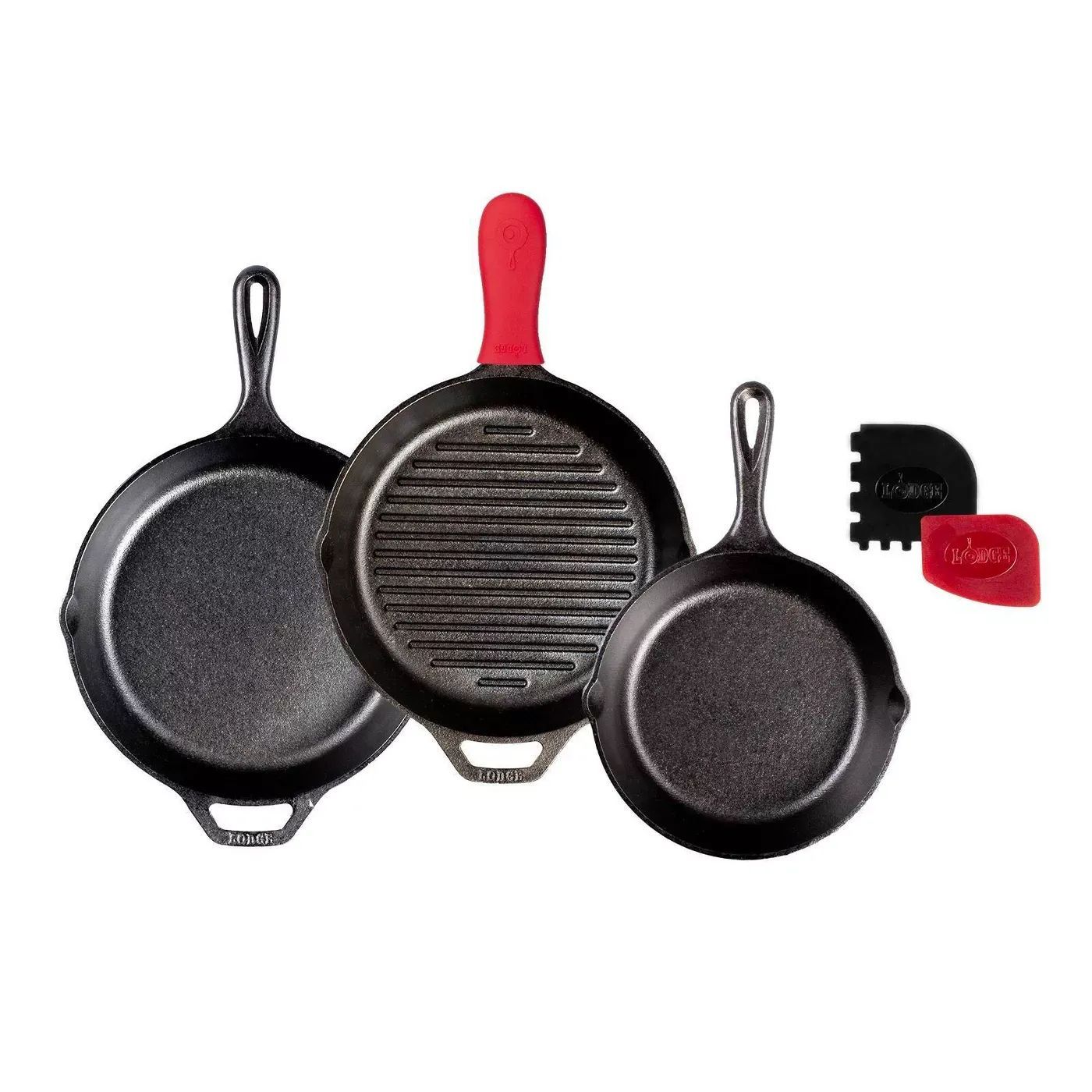 Lodge Seasoned Cast Iron 6-Piece Starter Set with large skillet, small skillet, skillet with ridges and a red helper handle and two other helper handles