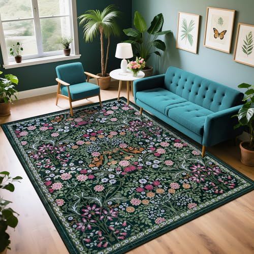 PLHXFR Area Rug Living Room: 4x6 Floral Washable Boho Carpet Dark Green