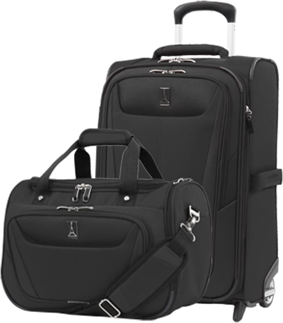 Brown hard-case luggage set of smaller carry-on and larger checked bag on wheels with handles extended 