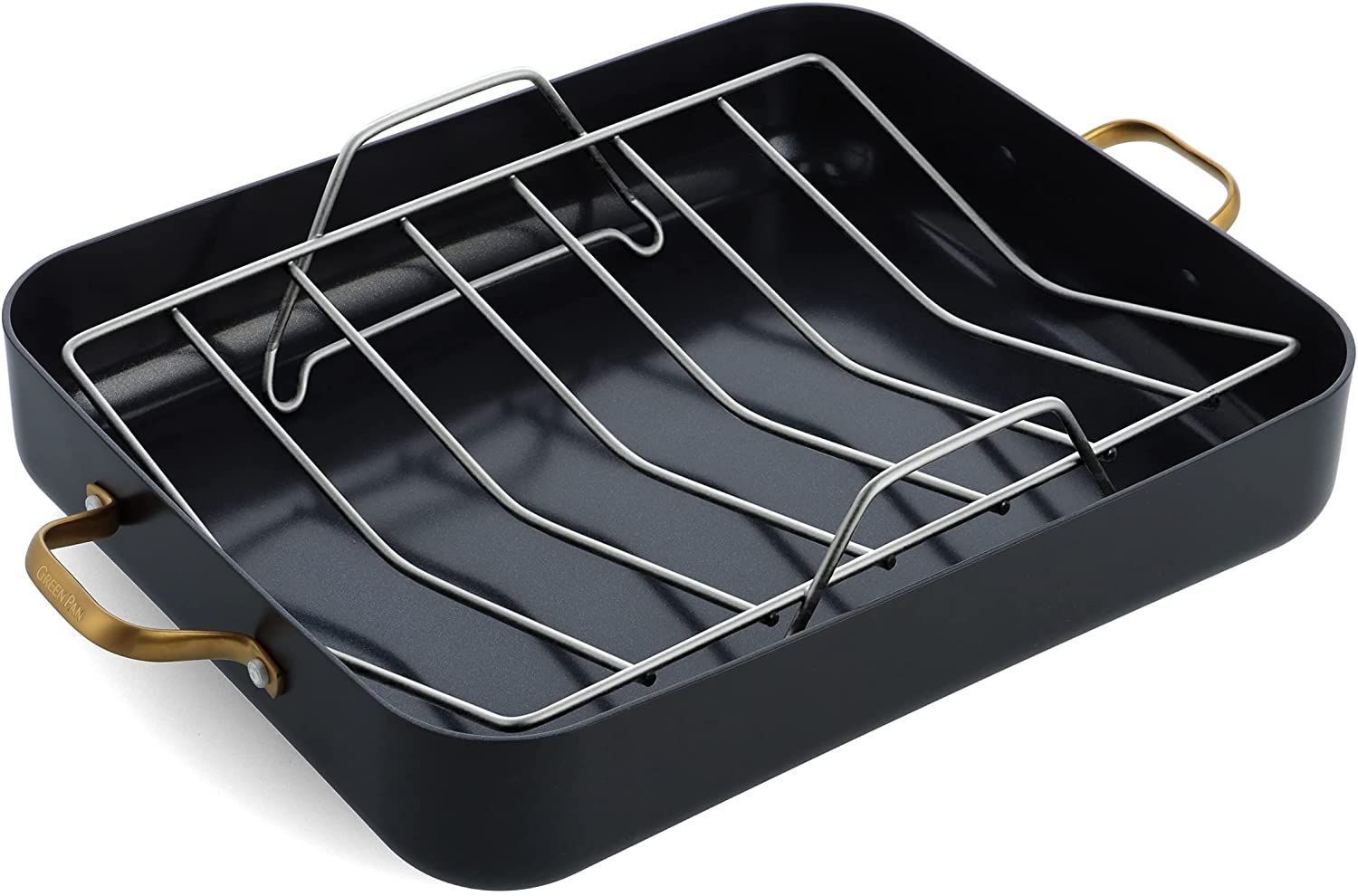 GreenPan Reserve Healthy Ceramic Nonstick Roasting Pan with v-shaped wire rack inside and gold handles