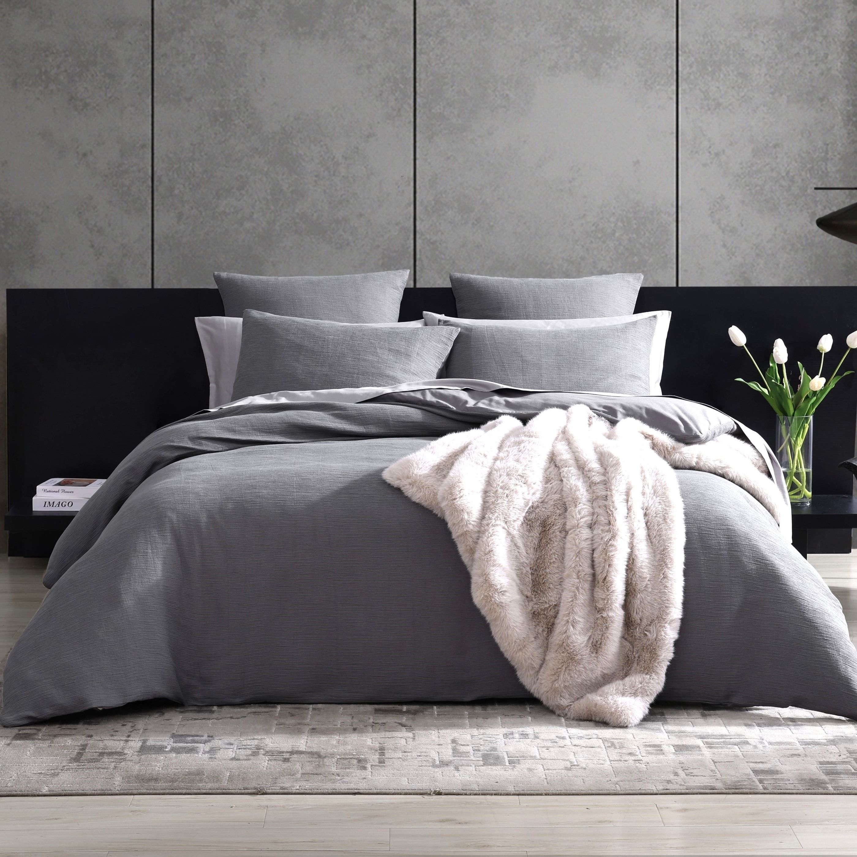 Vera Wang Solid Textured Pleats Duvet Cover Set in Charcoal Grey, King