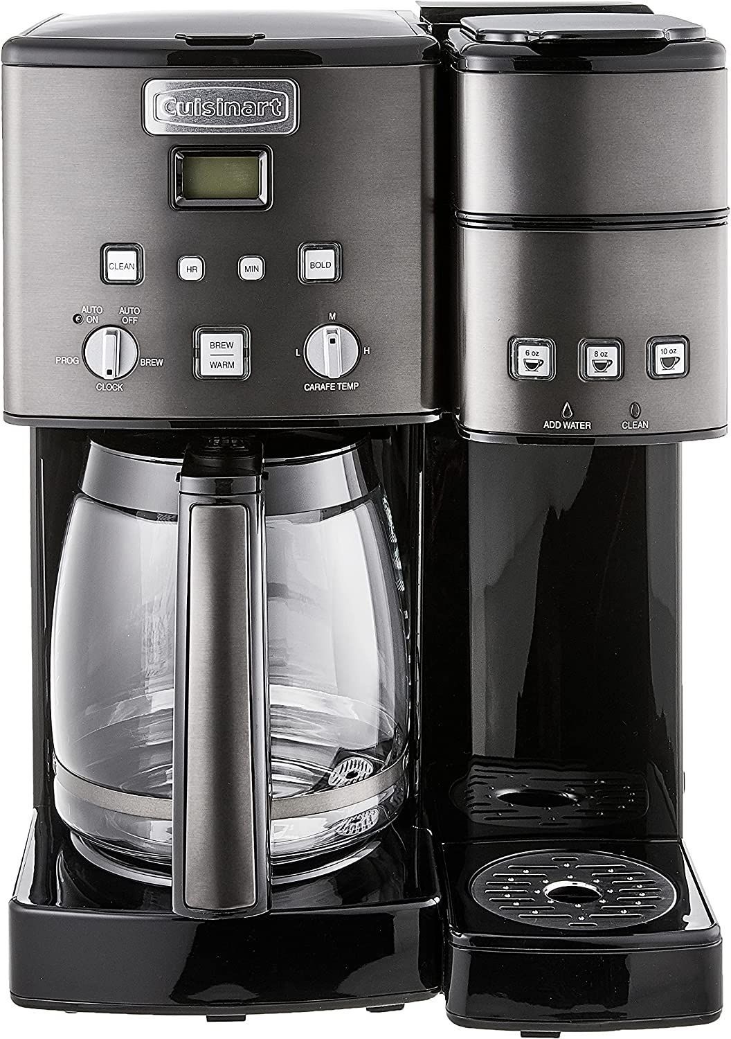 Cuisinart Coffee Center in black with drip coffee maker on left and single-serve maker on right