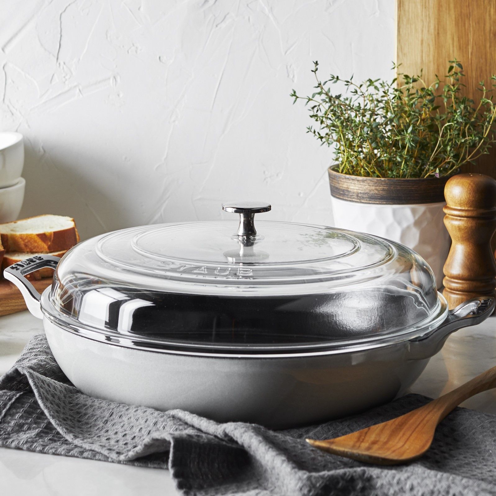 Staub Braiser with Glass Lid in White Truffle, 3.5 Qt. Joy