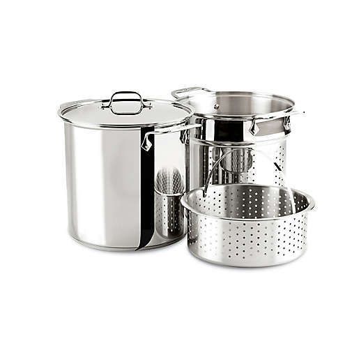 All-Clad Stainless Steel 12-Quart Multi-Cooker with a large perforated insert and steamer basket