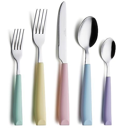 ANNOVA Silverware Set Stainless Steel Colorful Handle Tableware Kitchen Flatware Set Utensils, Includes Dinner Knives, Forks, Spoons, Salad Forks & Dessert Spoons (Pastel Mix, 20 Pieces)