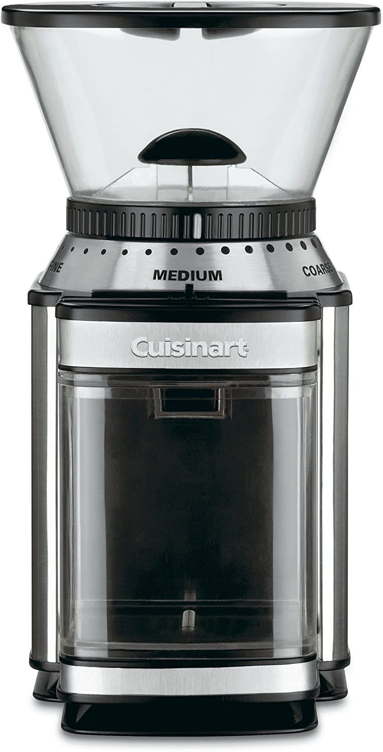 Cuisinart Supreme Grind Automatic Burr Mill in stainless steel with ground coffee in the chamber