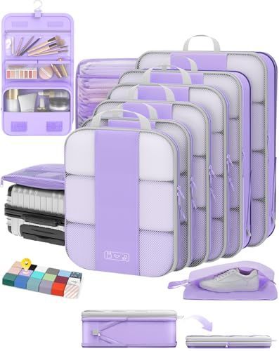 OlarHike 10 Set Compression Packing Cubes for Travel Essentials,Compressible Expandable Space Saver Bags for Organizing Clothes,Luggage Garment Bags with Over 1000 pcs Mesh Holes(Light Purple)
