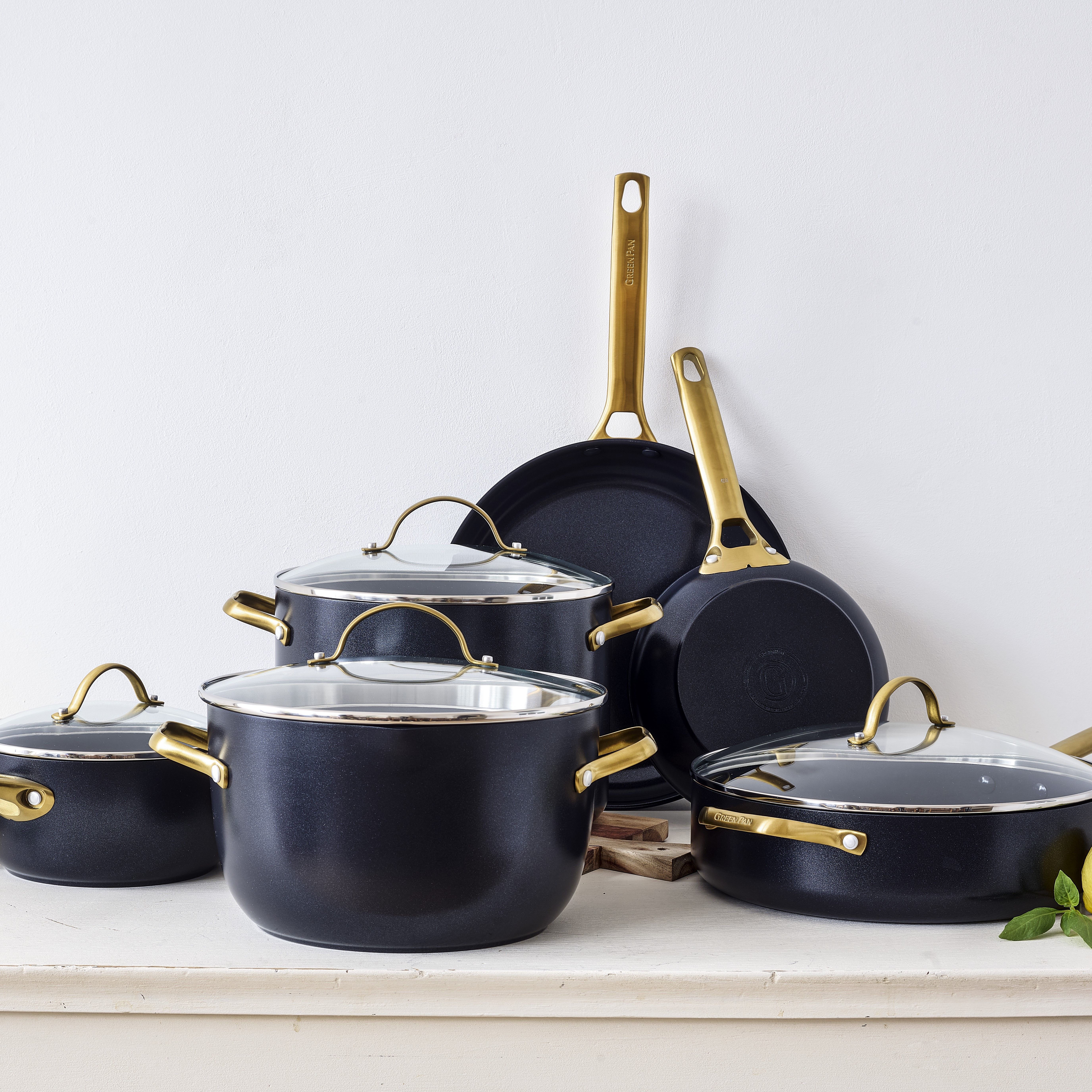 Reserve Ceramic Nonstick 5-Piece Cookware Set | Black with Gold-Tone Handles